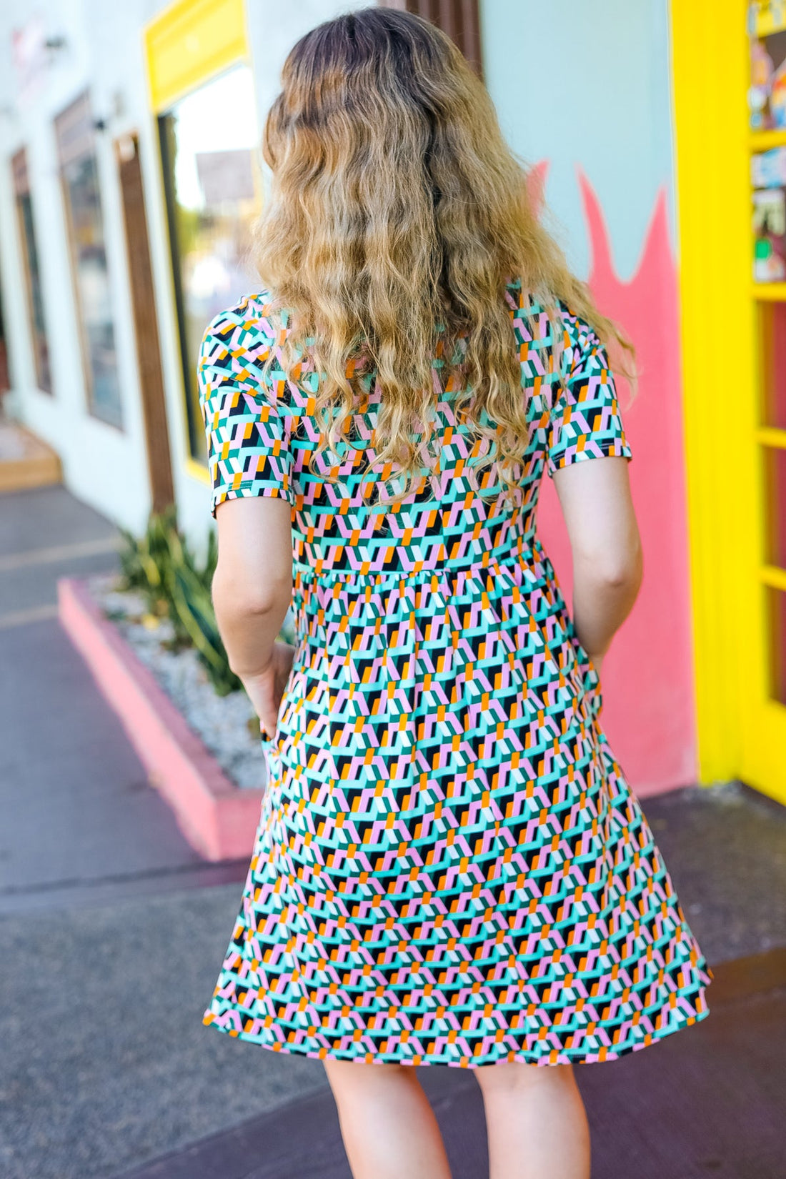 Aqua Pink Fit & Flare Geometric Print Babydoll Dress