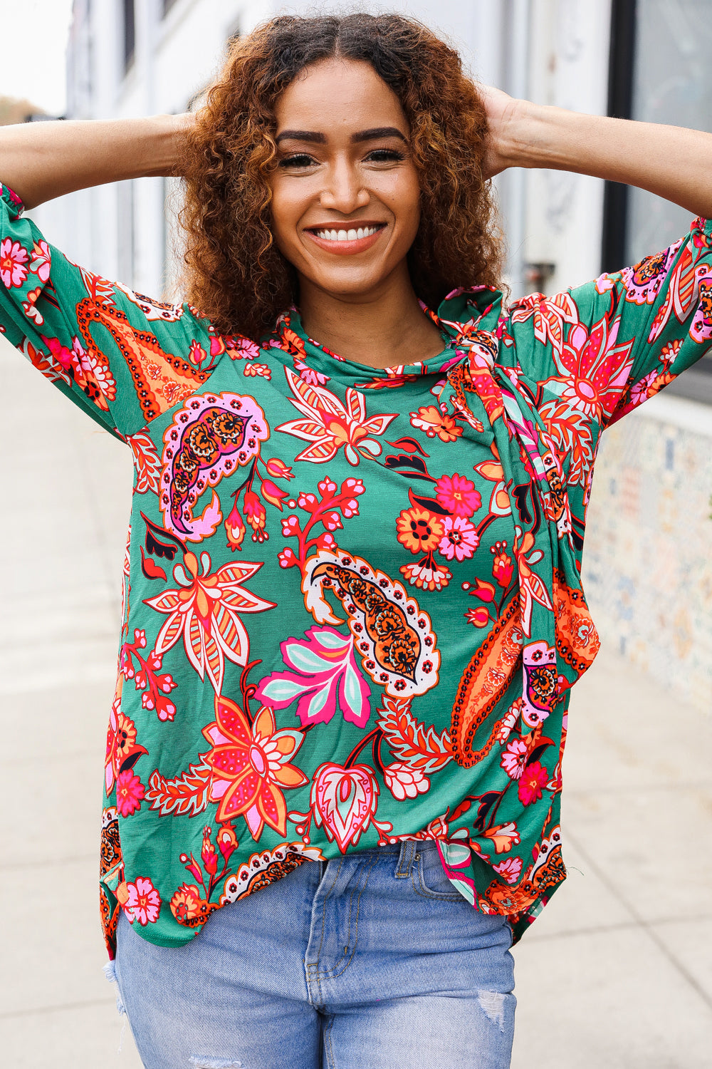 Green & Pink Floral Design Tie Neck Top