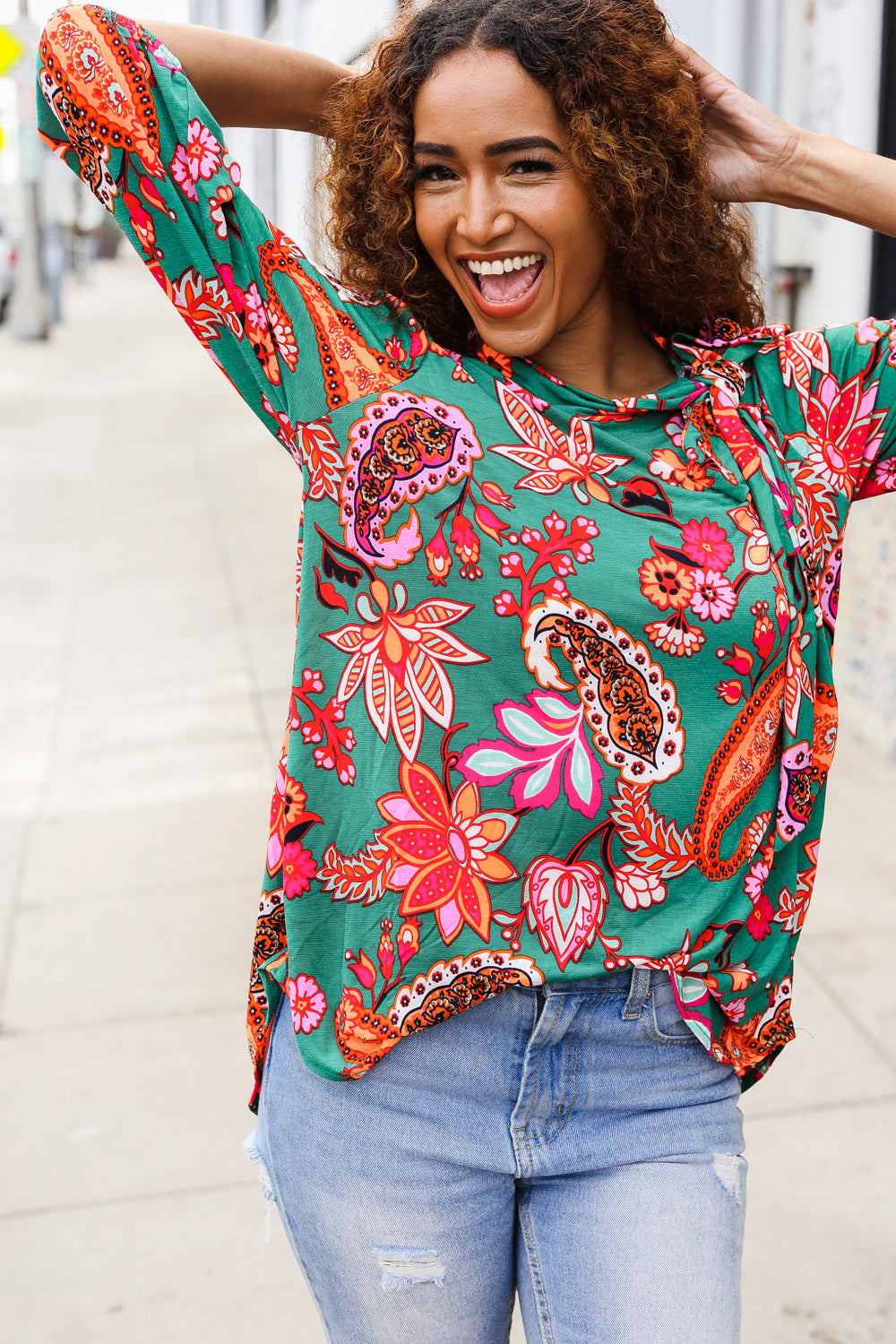 Green & Pink Floral Design Tie Neck Top