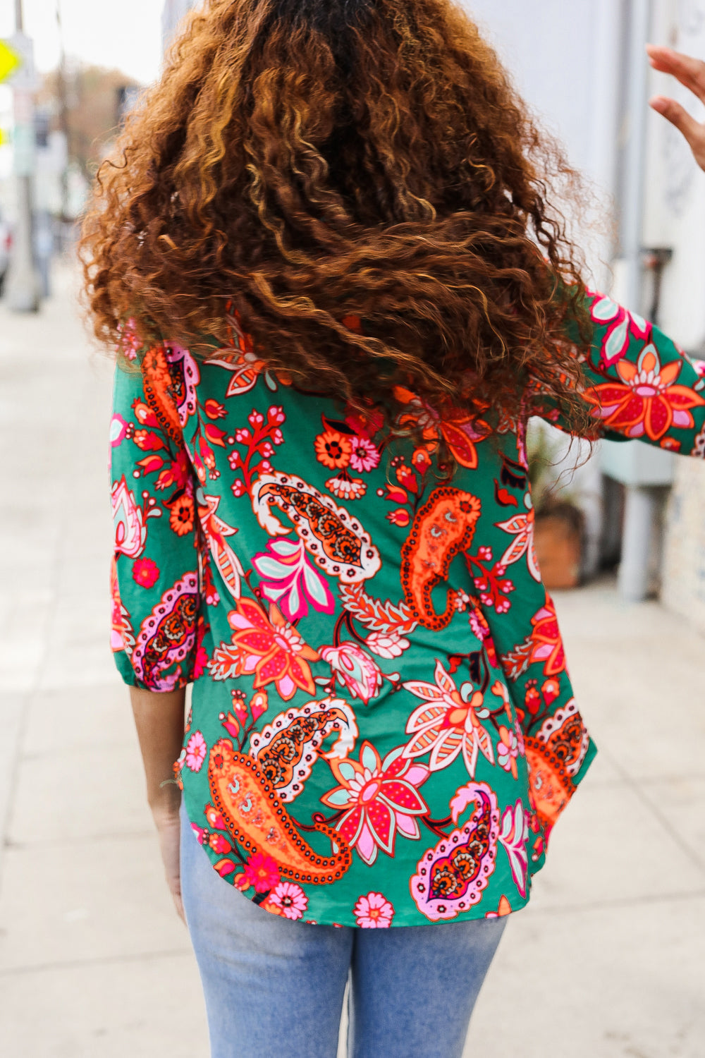 Green & Pink Floral Design Tie Neck Top