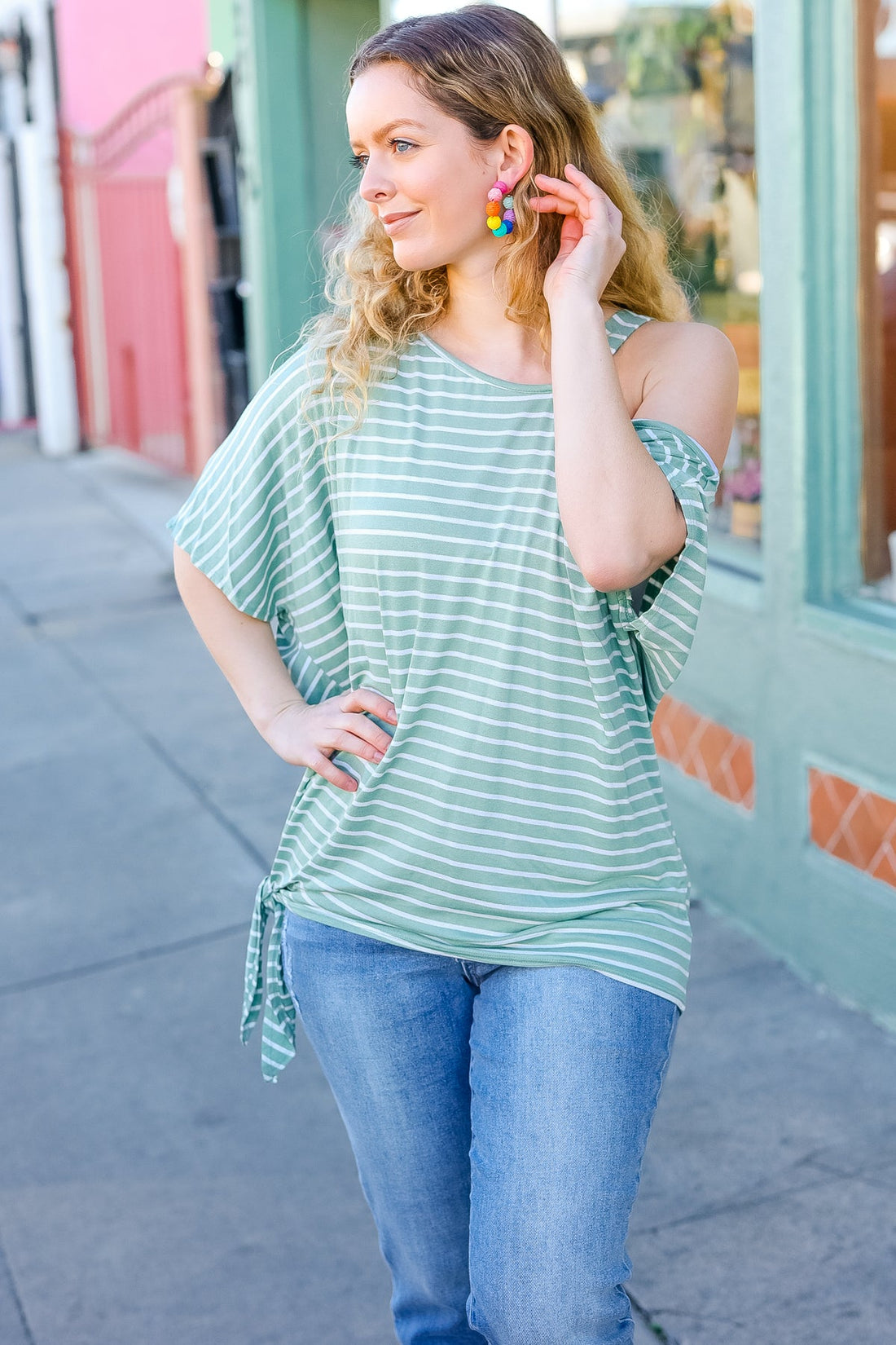 Plus Sage Ivory Stripe One Shoulder Banded Dolman Top