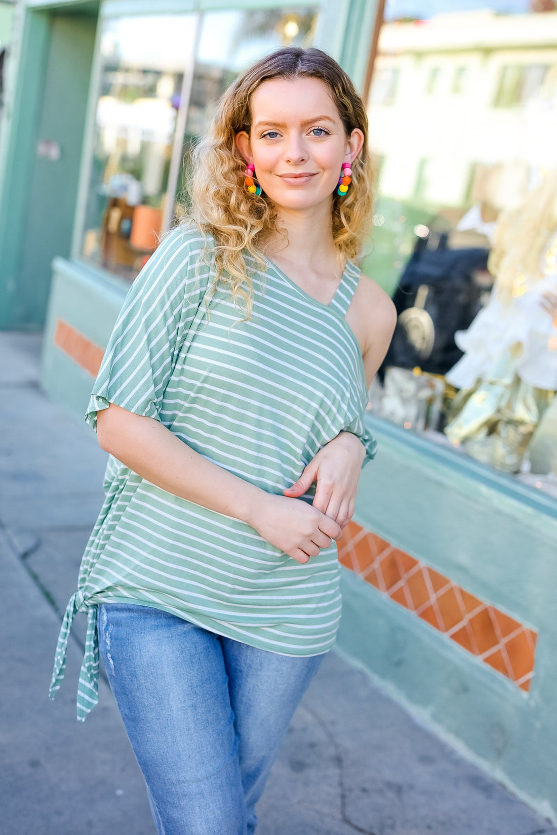 Plus Sage Ivory Stripe One Shoulder Banded Dolman Top