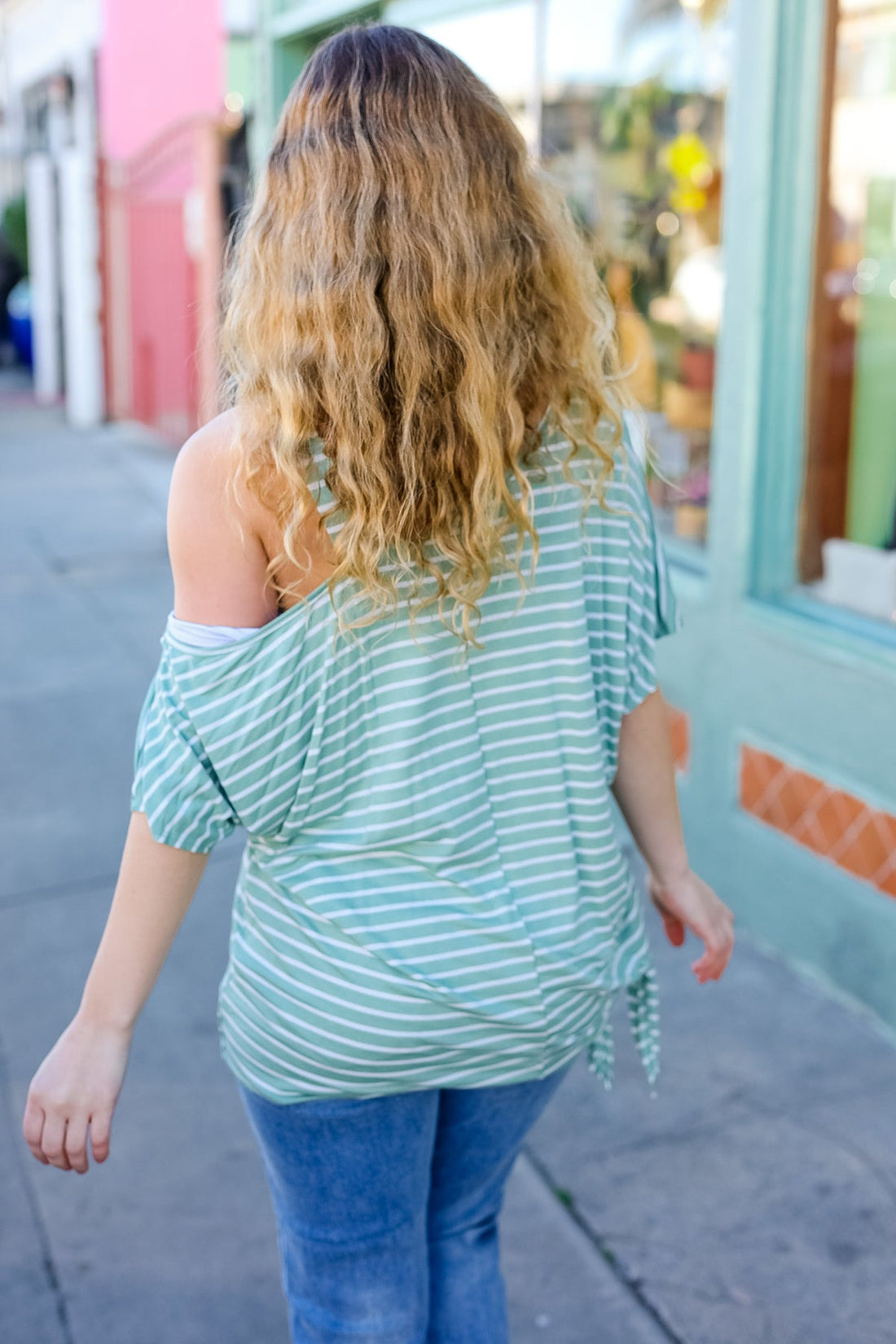 Plus Sage Ivory Stripe One Shoulder Banded Dolman Top