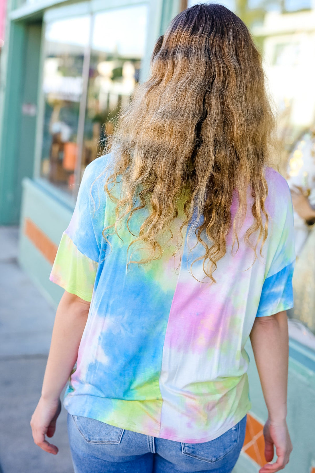 Pink Sky Blue Yellow Tie Dye Choker Short Sleeve Loose Fit Top