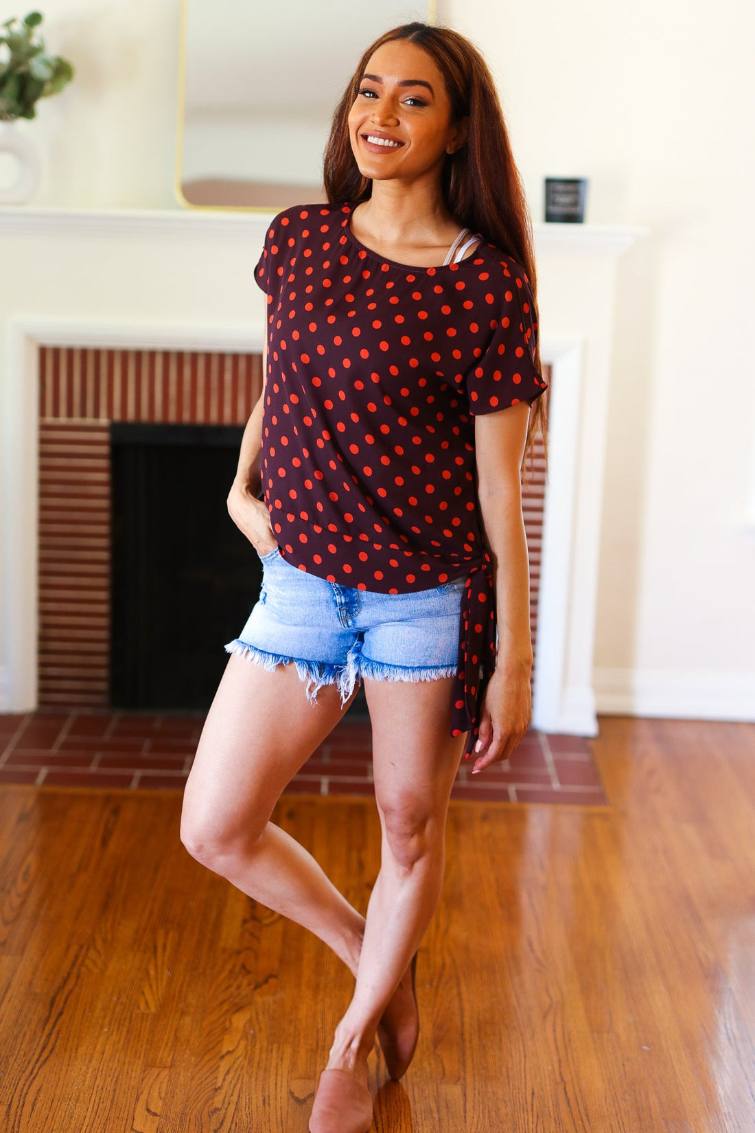 Brown & Coral Polkadot Top