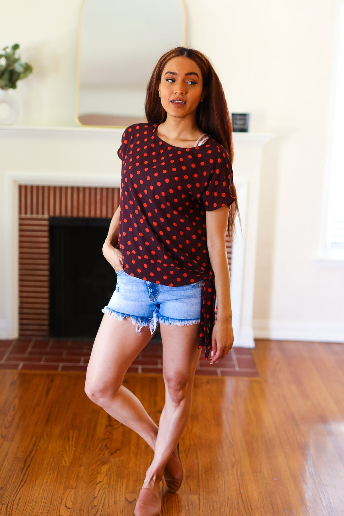 Brown & Coral Polkadot Top