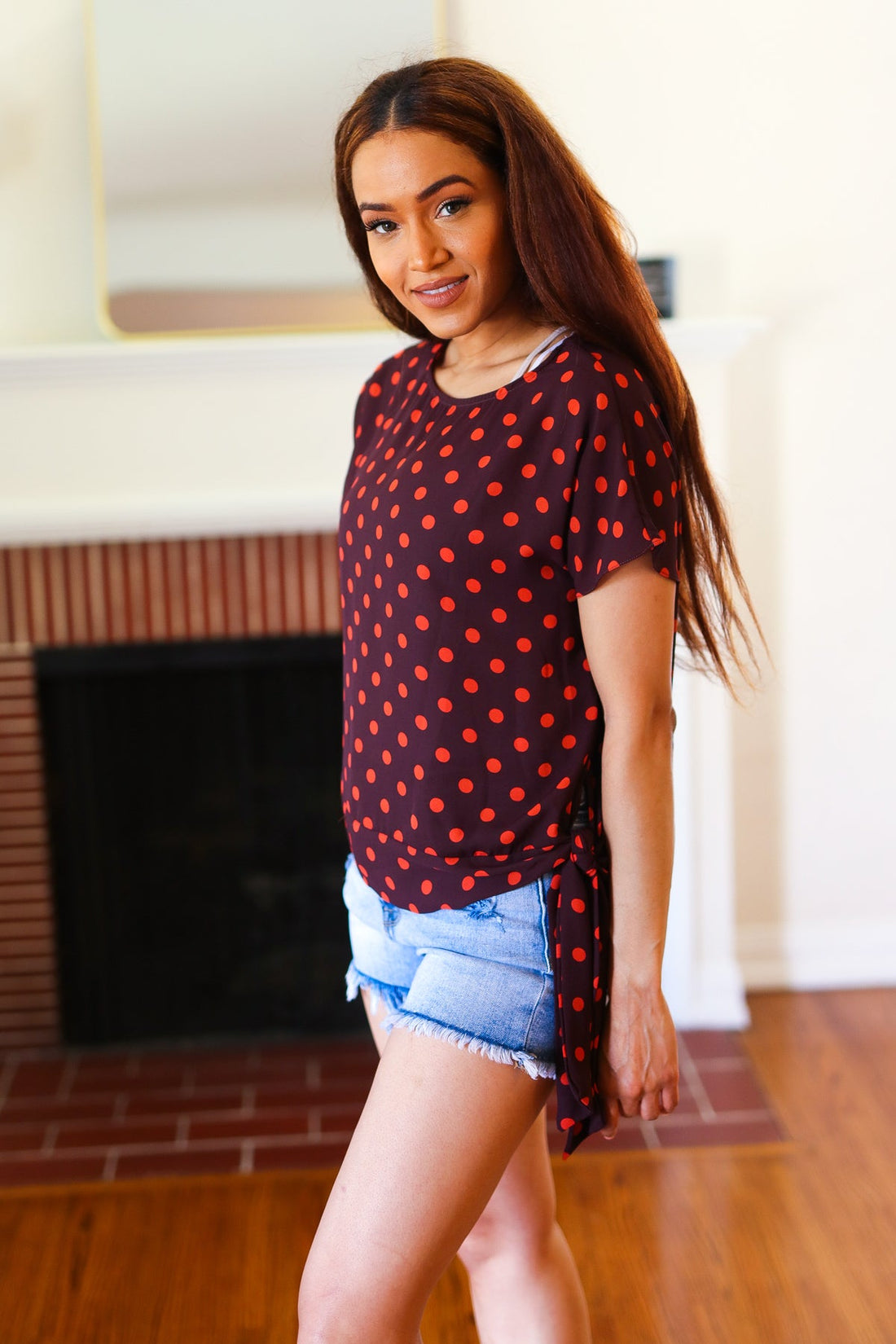 Brown & Coral Polkadot Top