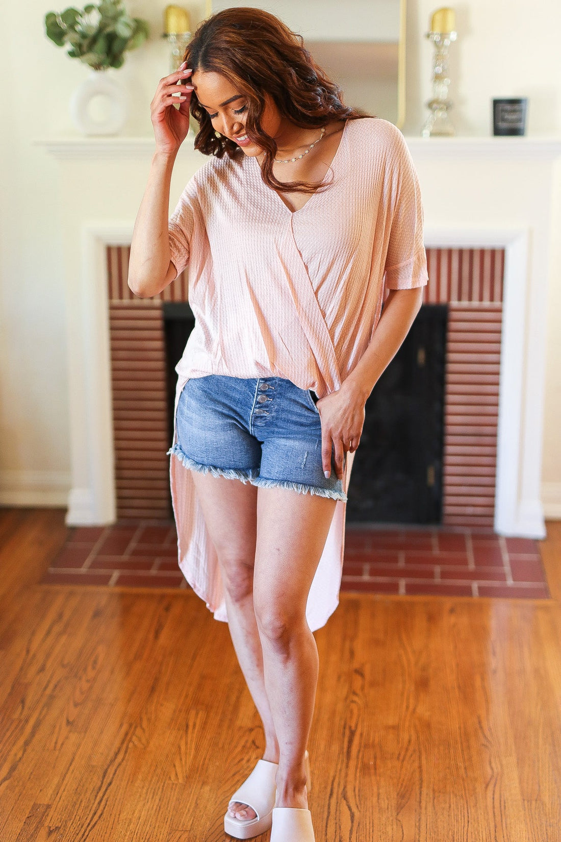 Peach High Low V Neck Top