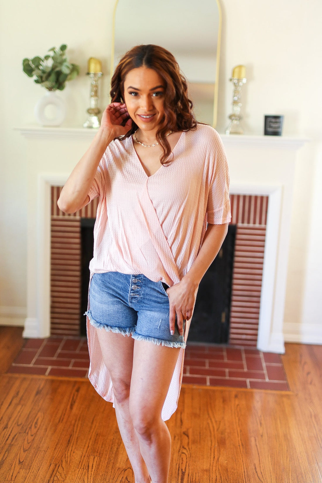 Peach High Low V Neck Top