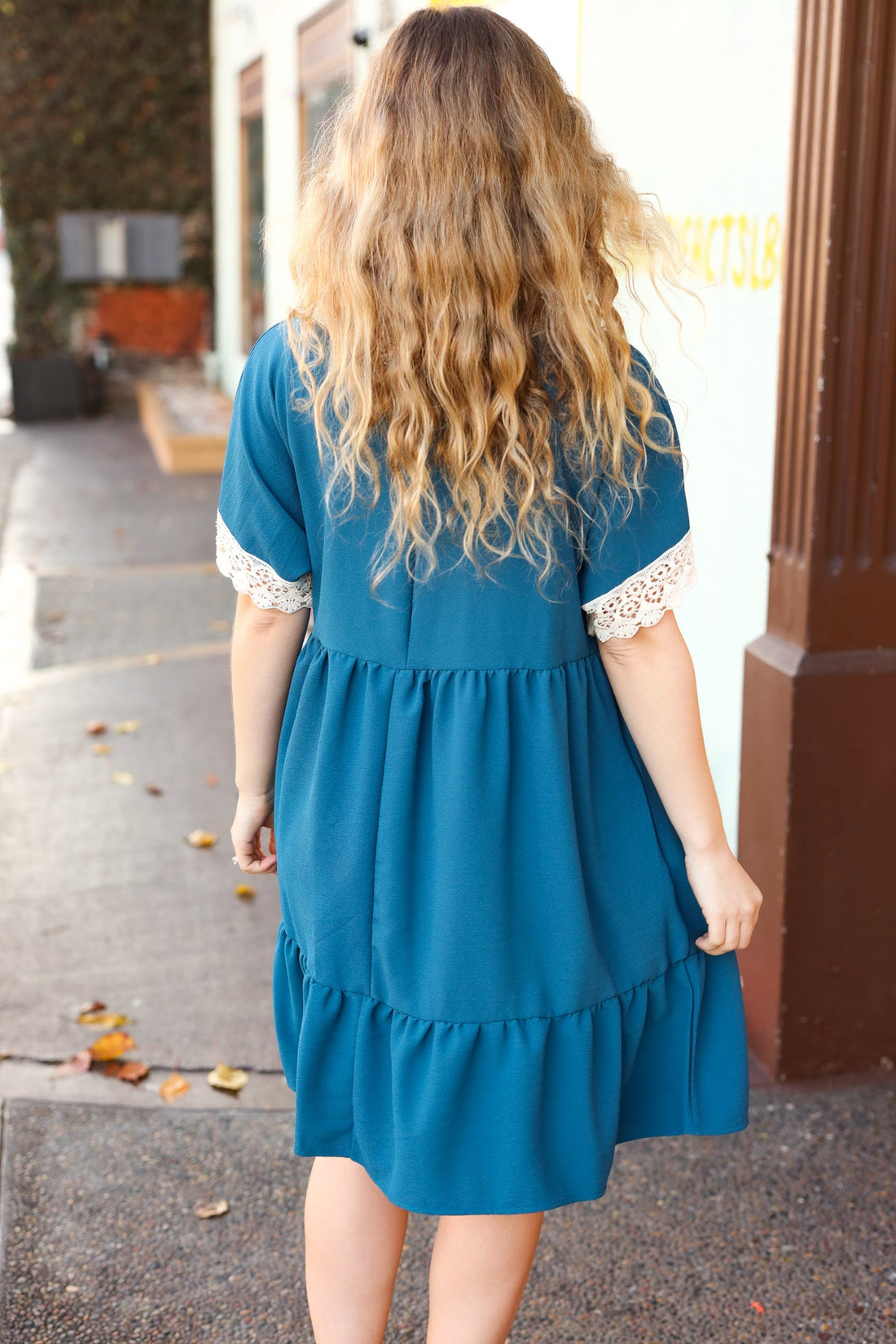 Teal Crochet Lace Short Sleeve Crepe Pocketed Dress