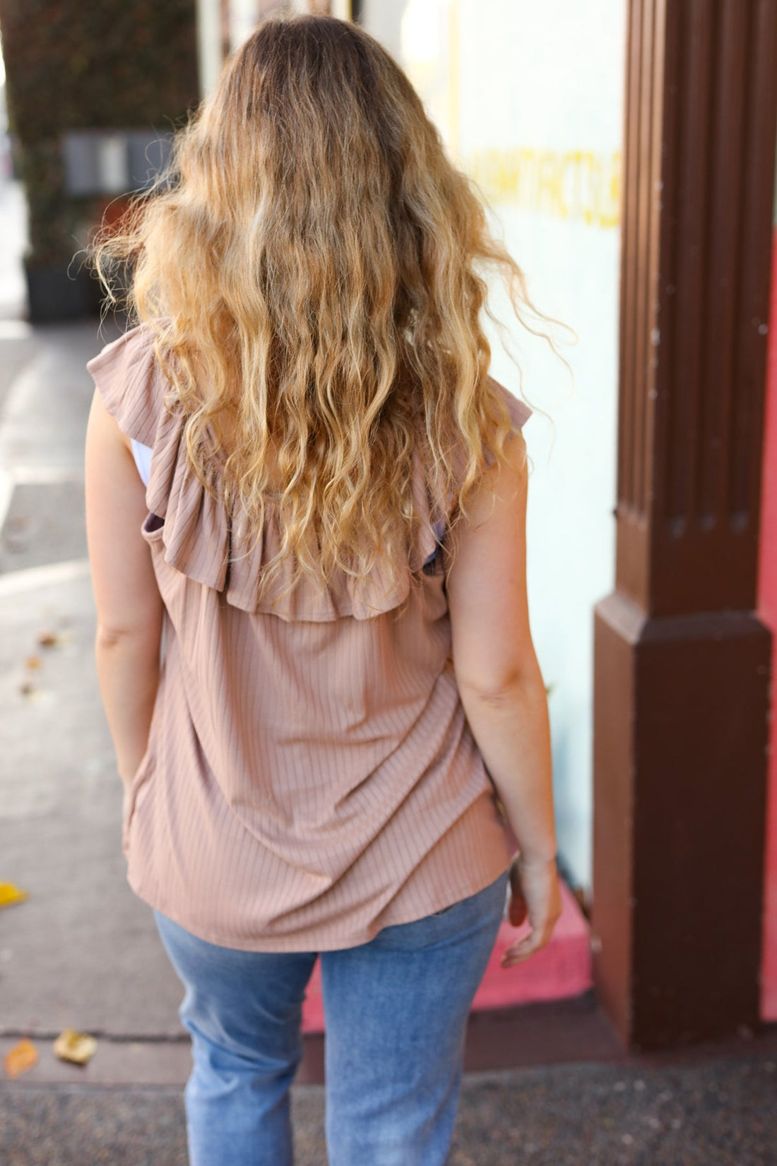 Plus Taupe Off Shoulder Ruffle Sleeveless Rib Tank Top