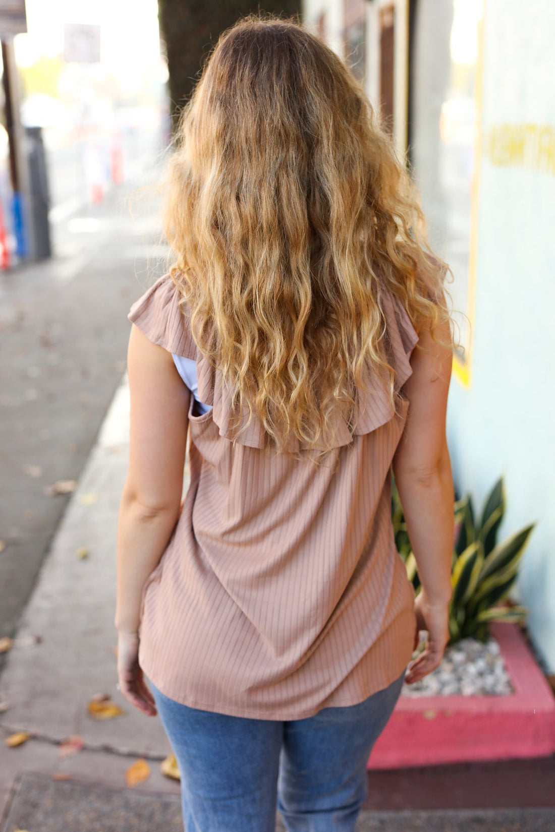 Plus Taupe Off Shoulder Ruffle Sleeveless Rib Tank Top