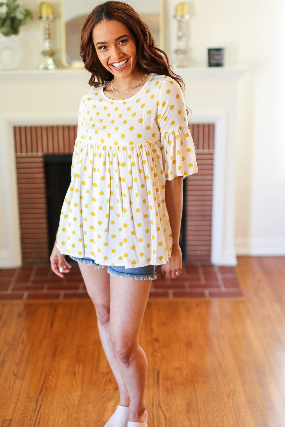 Mustard Polka Dot Babydoll Bell Sleeve Blouse