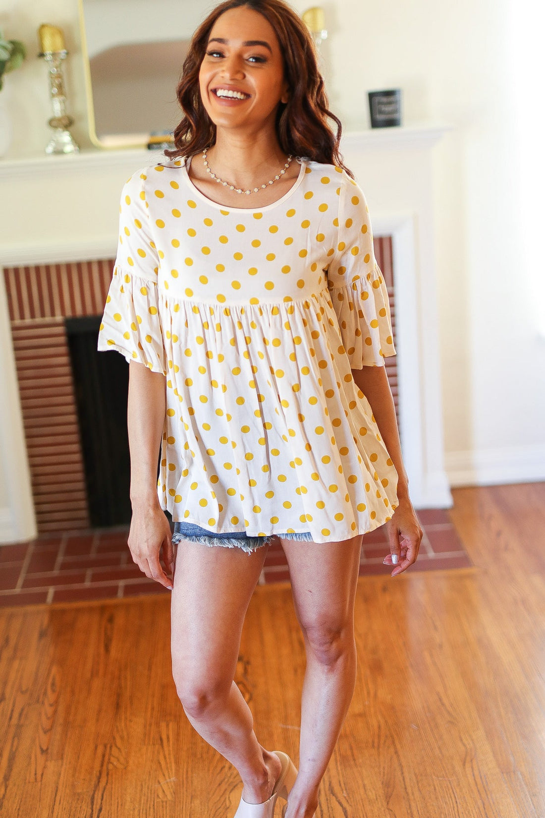 Mustard Polka Dot Babydoll Bell Sleeve Blouse