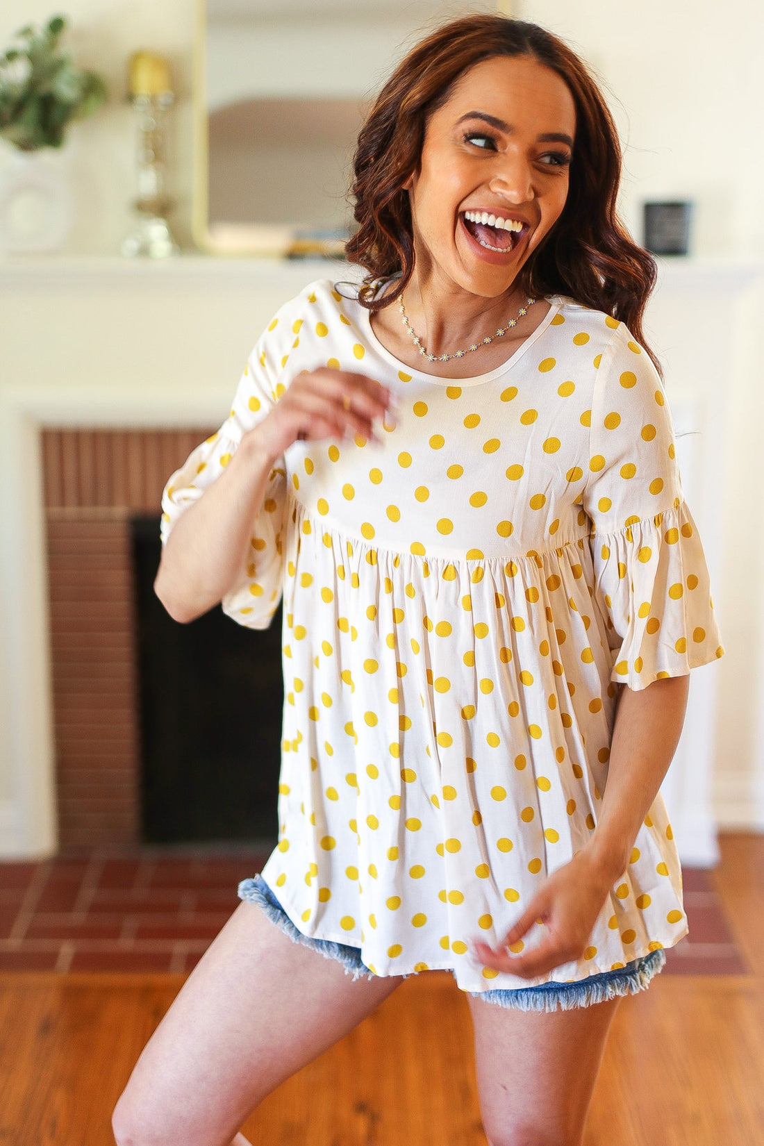 Mustard Polka Dot Babydoll Bell Sleeve Blouse