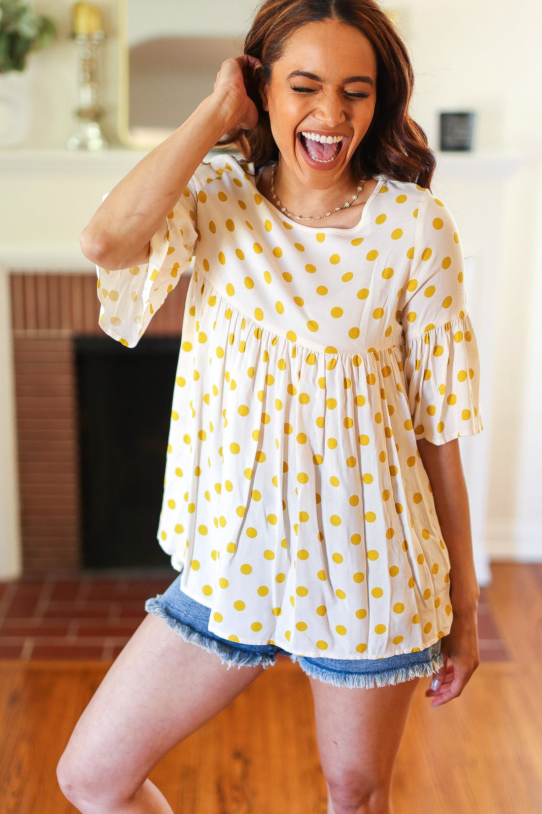 Mustard Polka Dot Babydoll Bell Sleeve Blouse