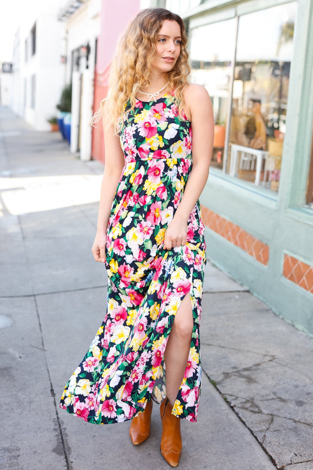 Navy Floral Print Slit Maxi Dress