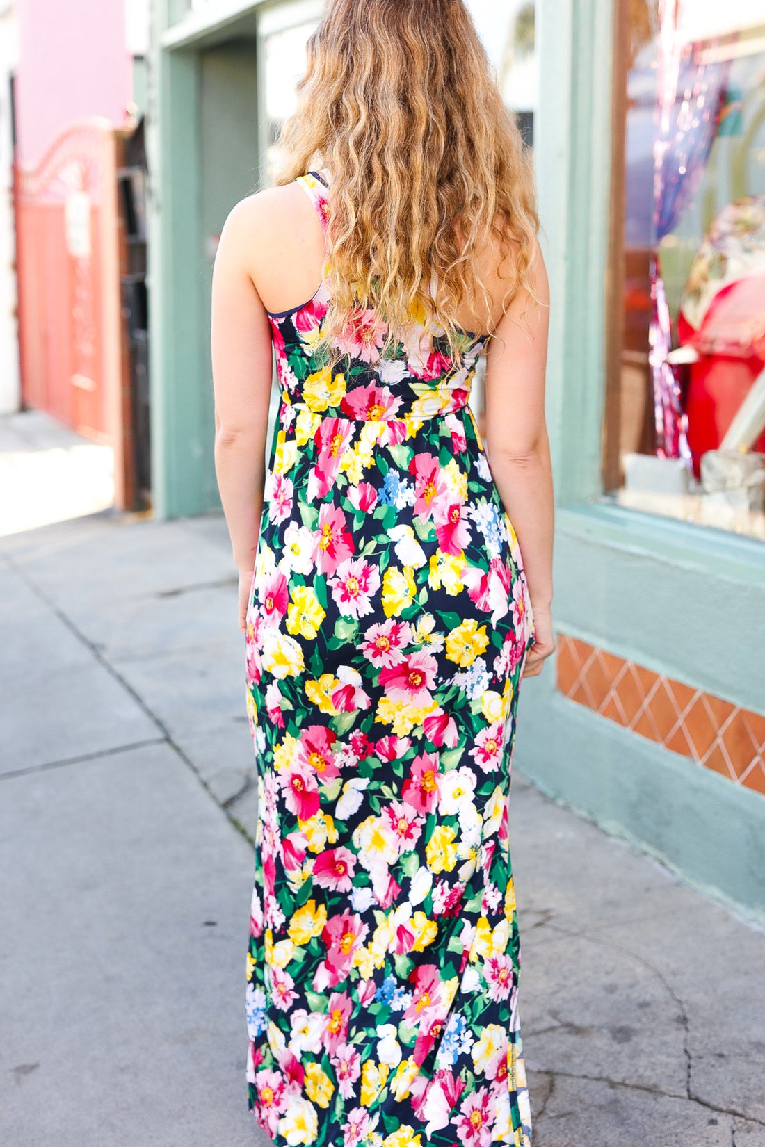 Navy Floral Print Slit Maxi Dress