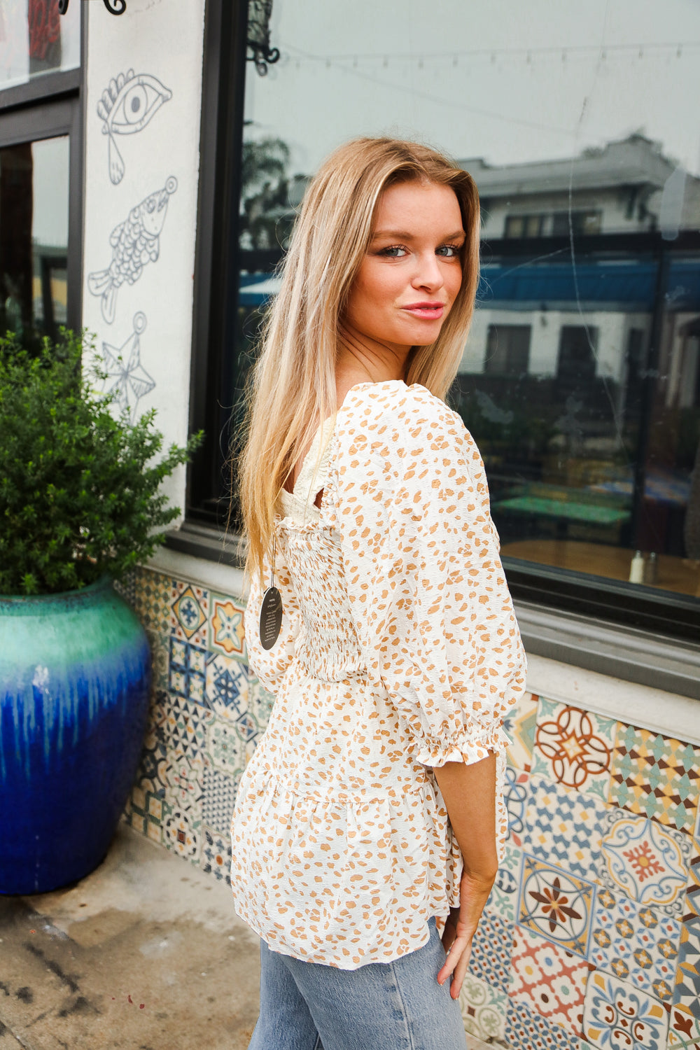 Ivory &  Taupe Animal Smocked Top