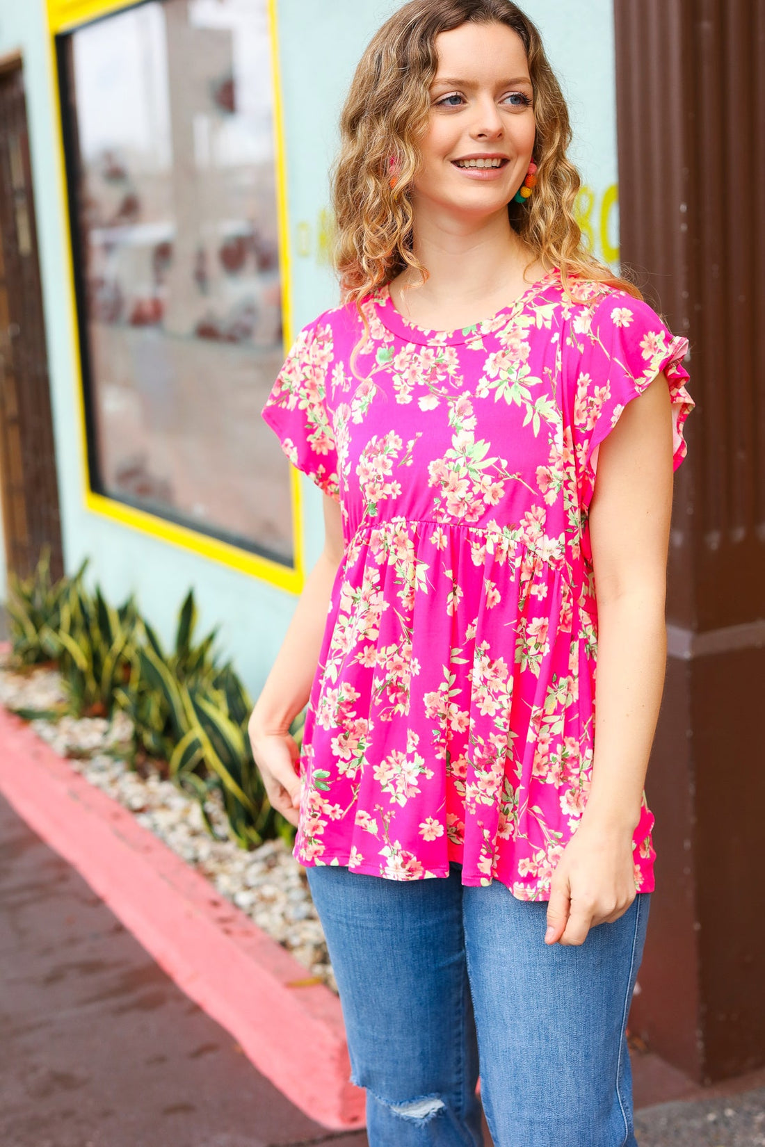 Fuchsia Ruffle Floral Short Sleeve Babydoll Top