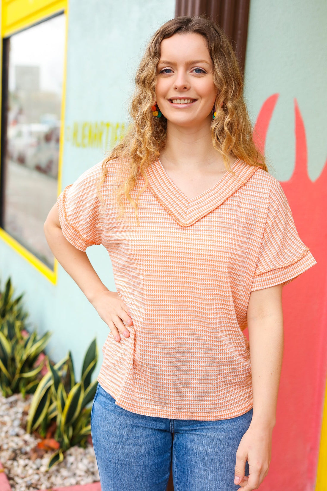 Orange Two Tone Jacquard Dolman Short Sleeve Top