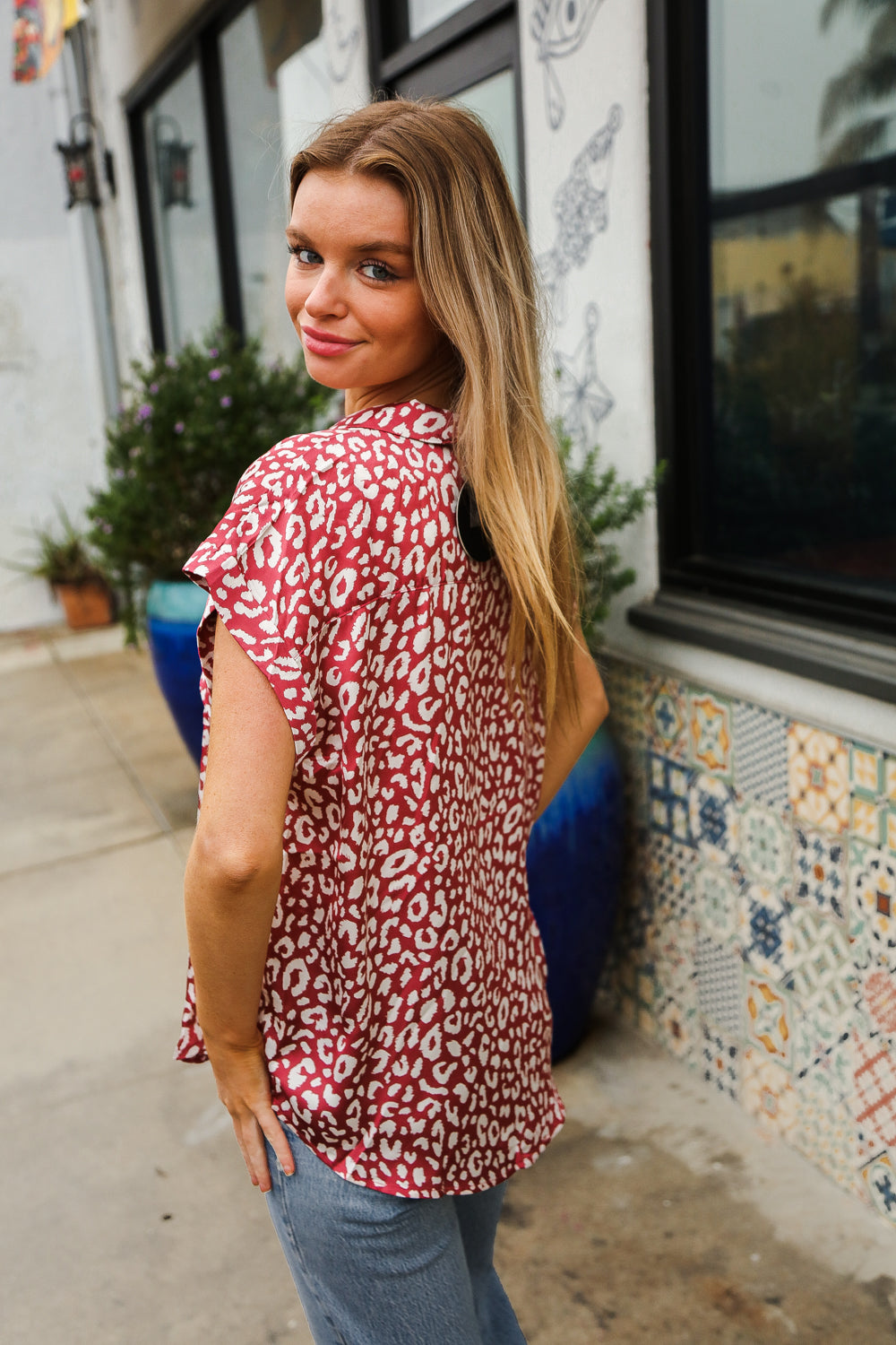 Mauve Woven Animal Print Pocket Top