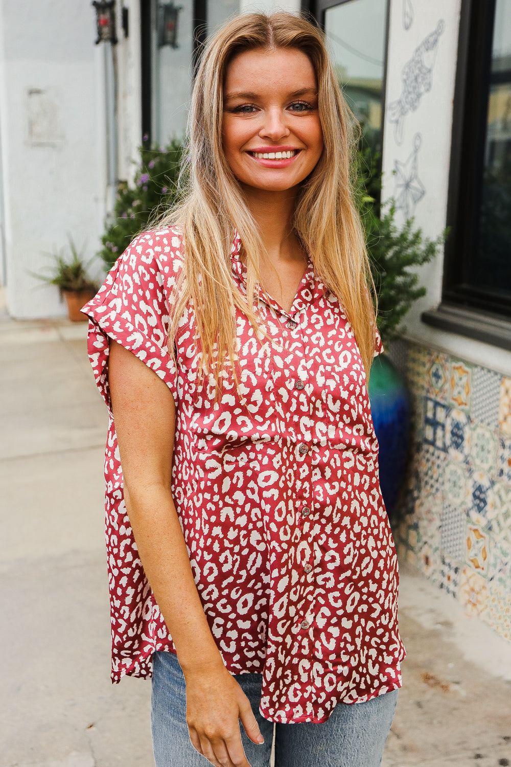 Mauve Woven Animal Print Pocket Top