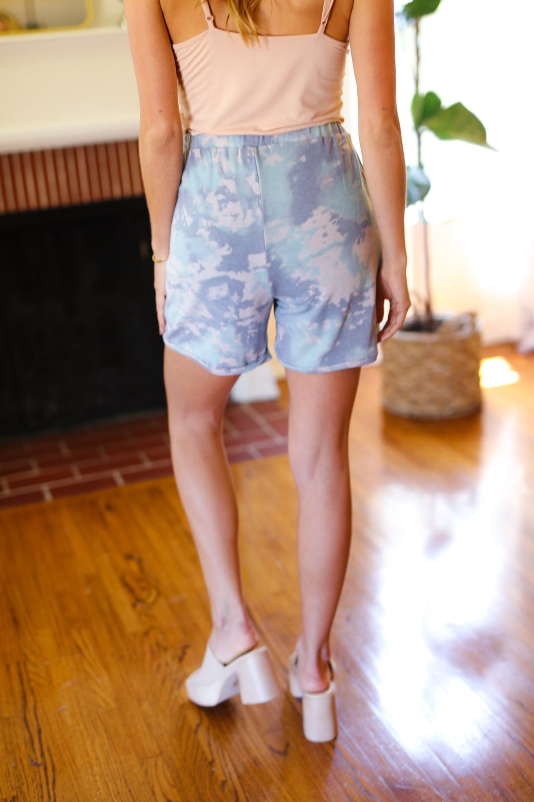 Teal/Gray/Beige Tie Dye Pocketed Cozy Shorts