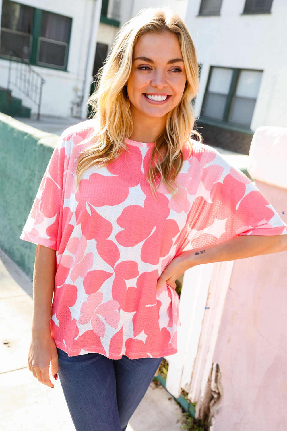 Coral Floral Textured Top