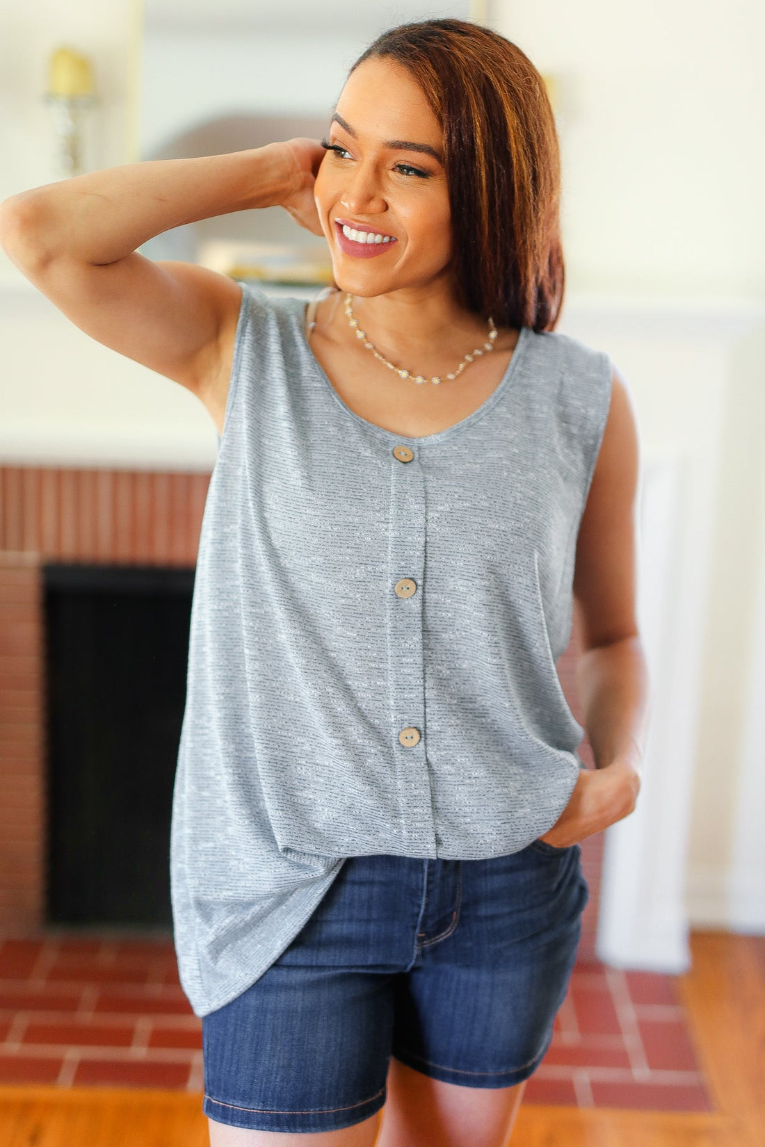 Plus Light Blue Blue Button Down Sleeveless Two Tone Solid Knit