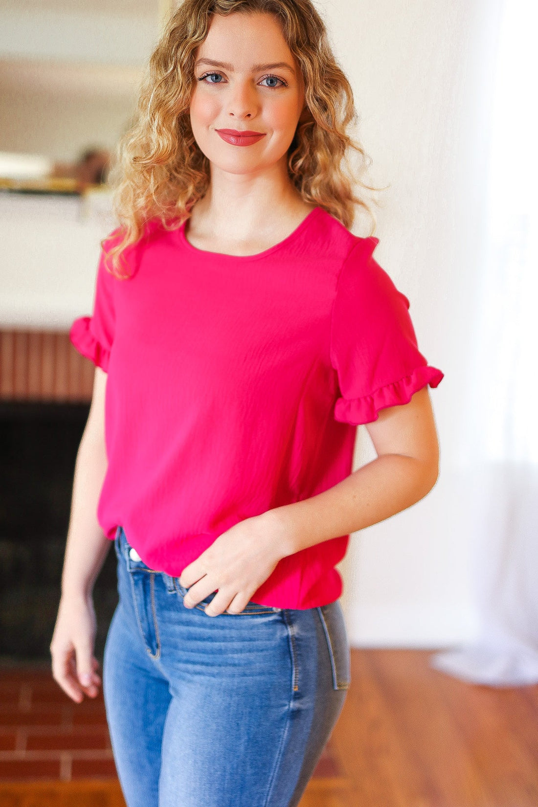 Pink Ruffle Sleeve Keyhole Button Back Blouse