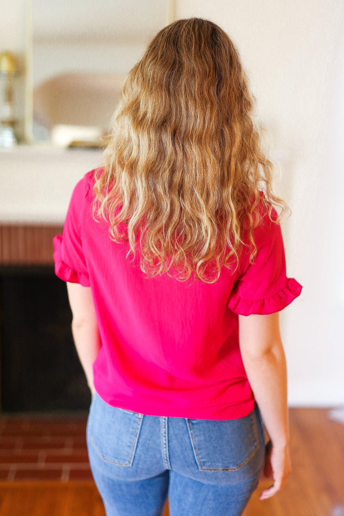 Pink Ruffle Sleeve Keyhole Button Back Blouse