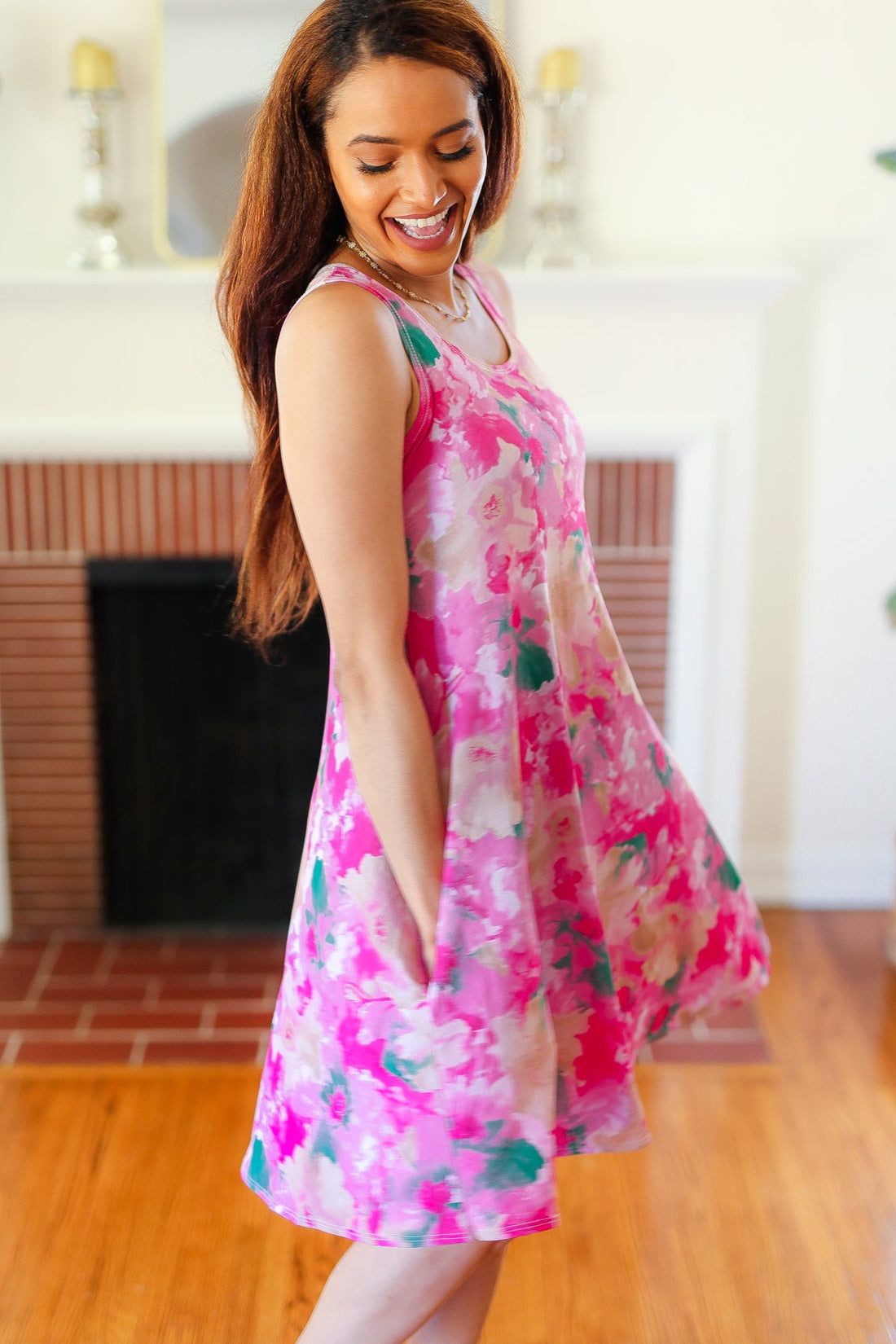 Watercolor Floral Pocketed Tank Dress