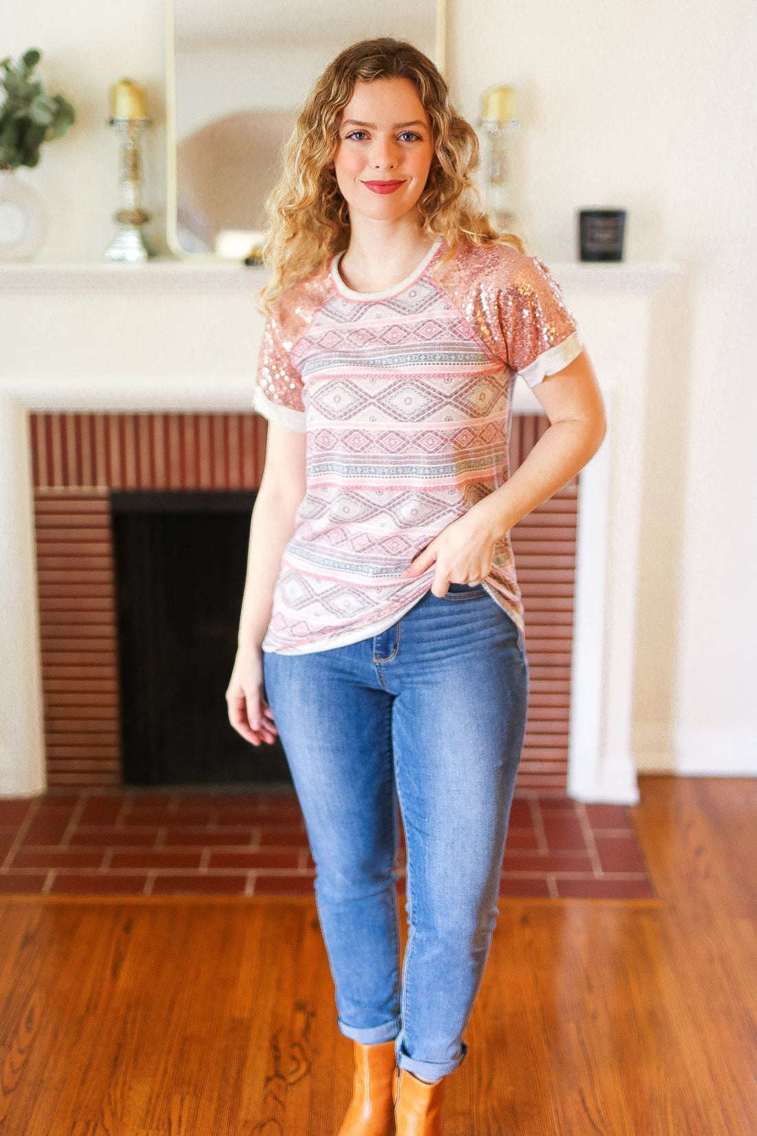 Pink Sequin Sleeve Tee