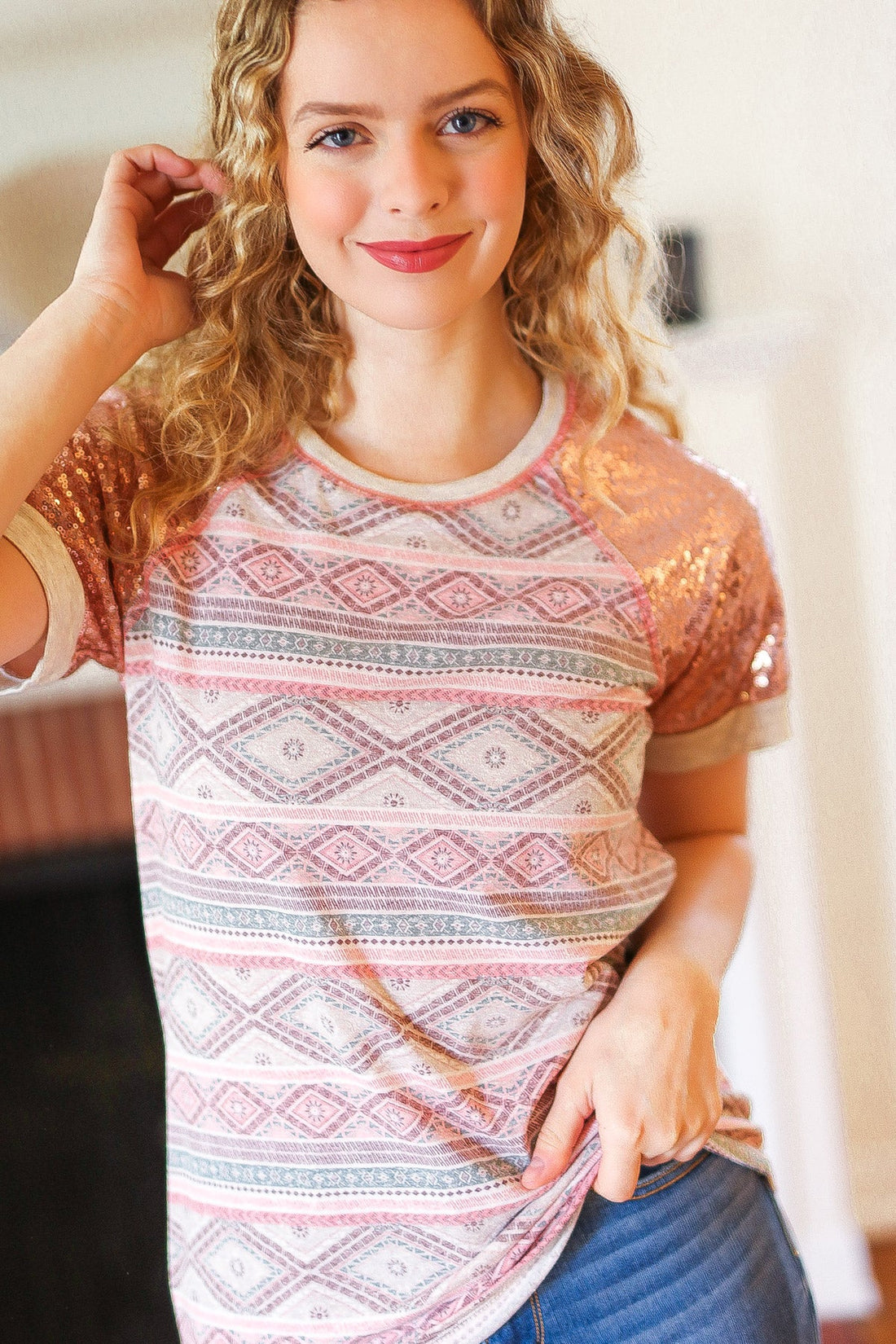 Pink Sequin Sleeve Tee