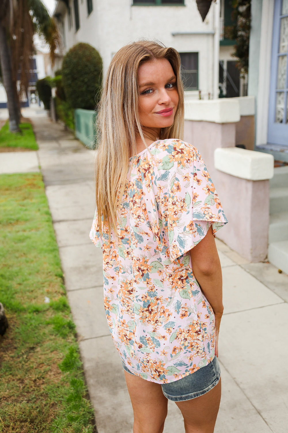 Blush Pink Tie Front Floral Blouse