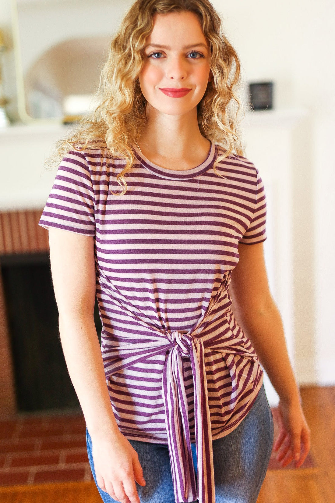 Purple Short Sleeve Stripe Tie Waist Top