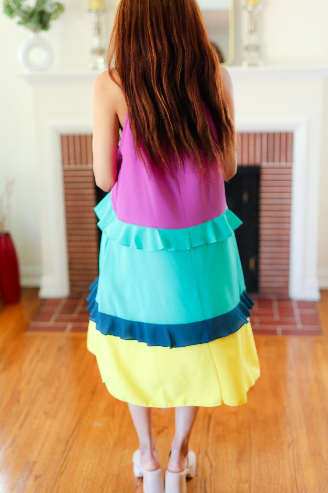 Plus Strap Multi Color Tiered Woven Dress W/Pocket