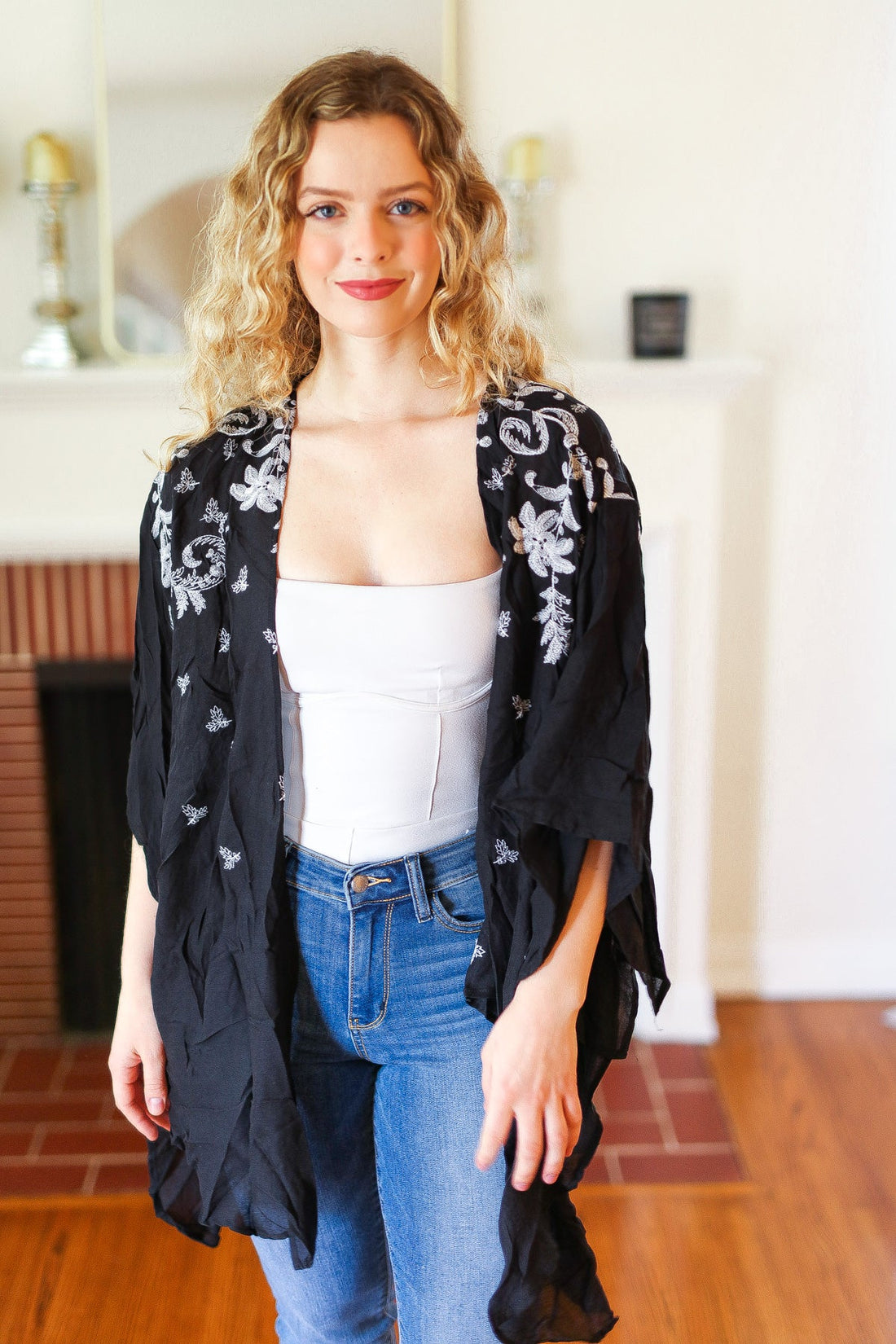 Plus Black Embroidered Kimono