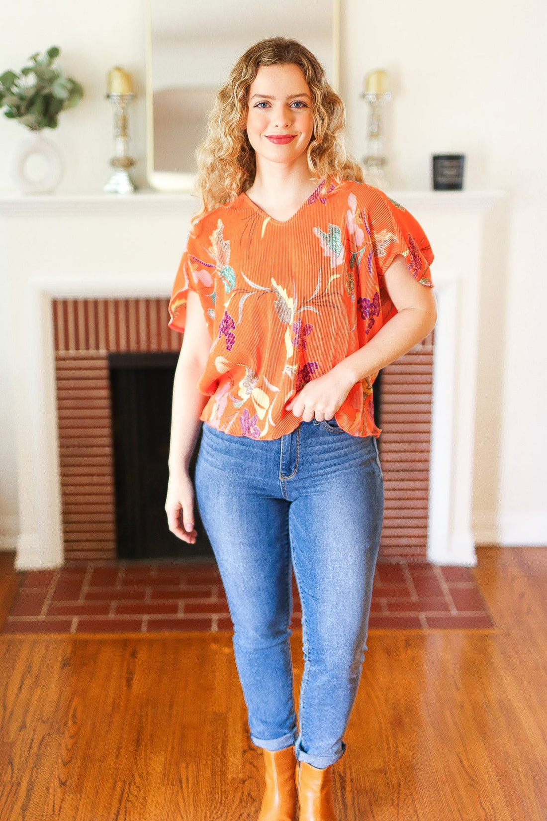 Orange Floral Crinkle Fabric Blouse