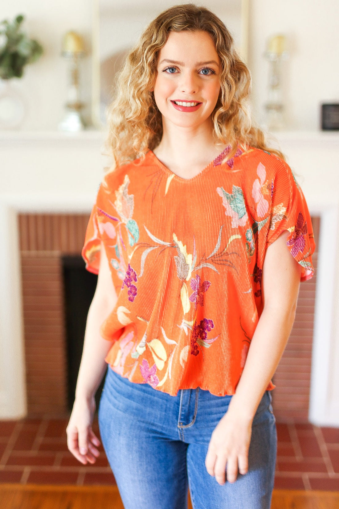 Orange Floral Crinkle Fabric Blouse