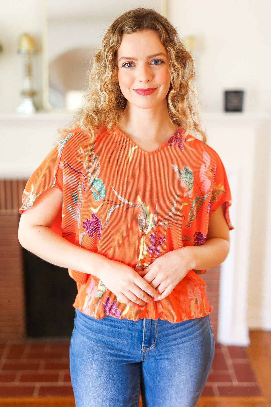 Orange Floral Crinkle Fabric Blouse