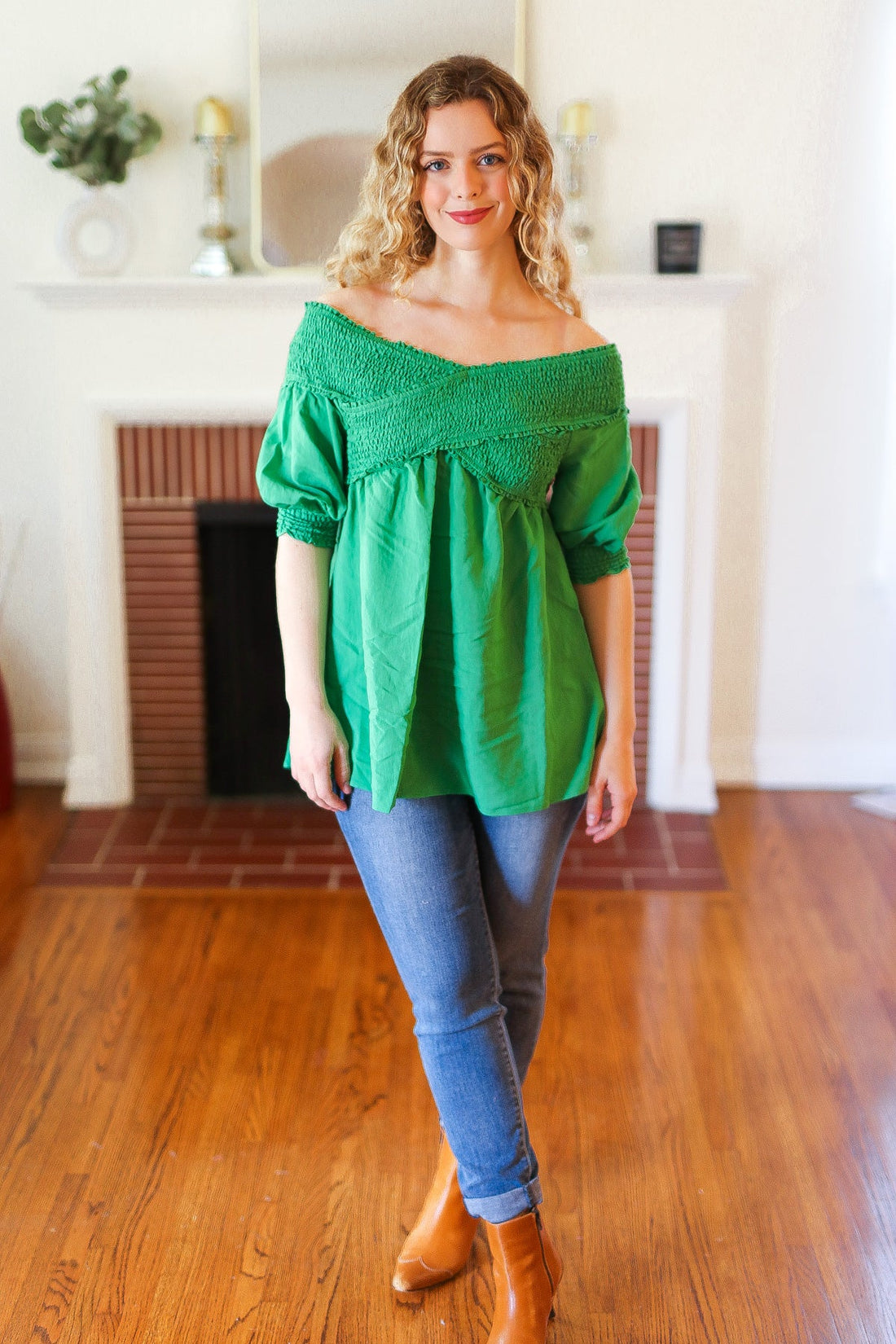 Kelly Green Crisscross Ruche Detail Off Shoulder Blouse