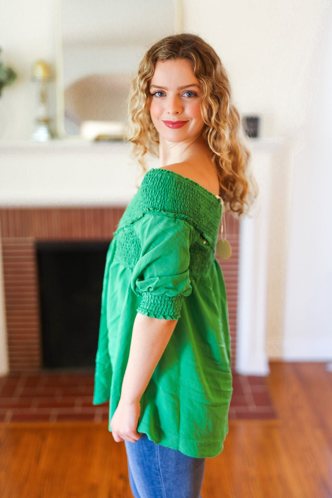 Kelly Green Crisscross Ruche Detail Off Shoulder Blouse