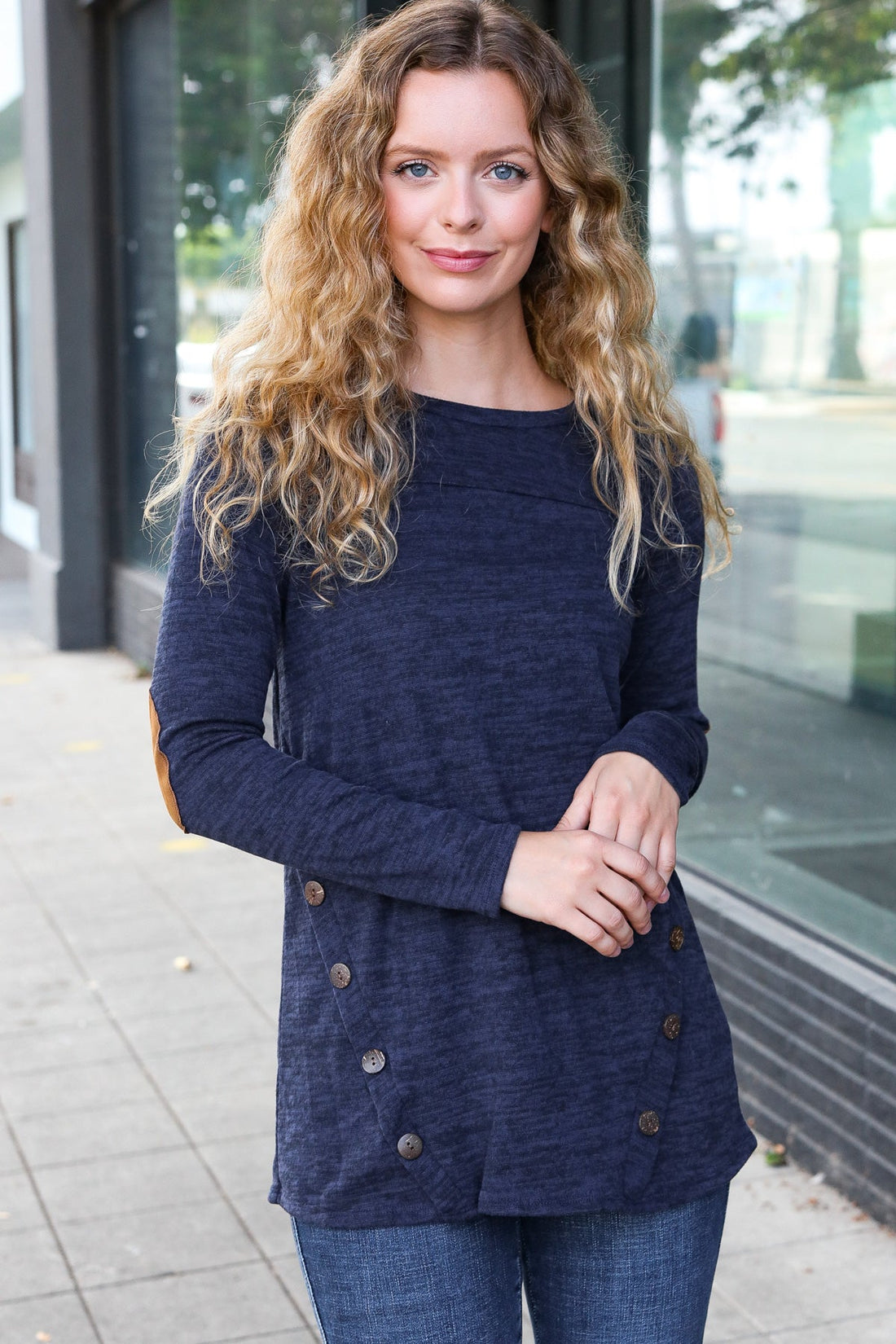 Navy Buttoned Marled Top