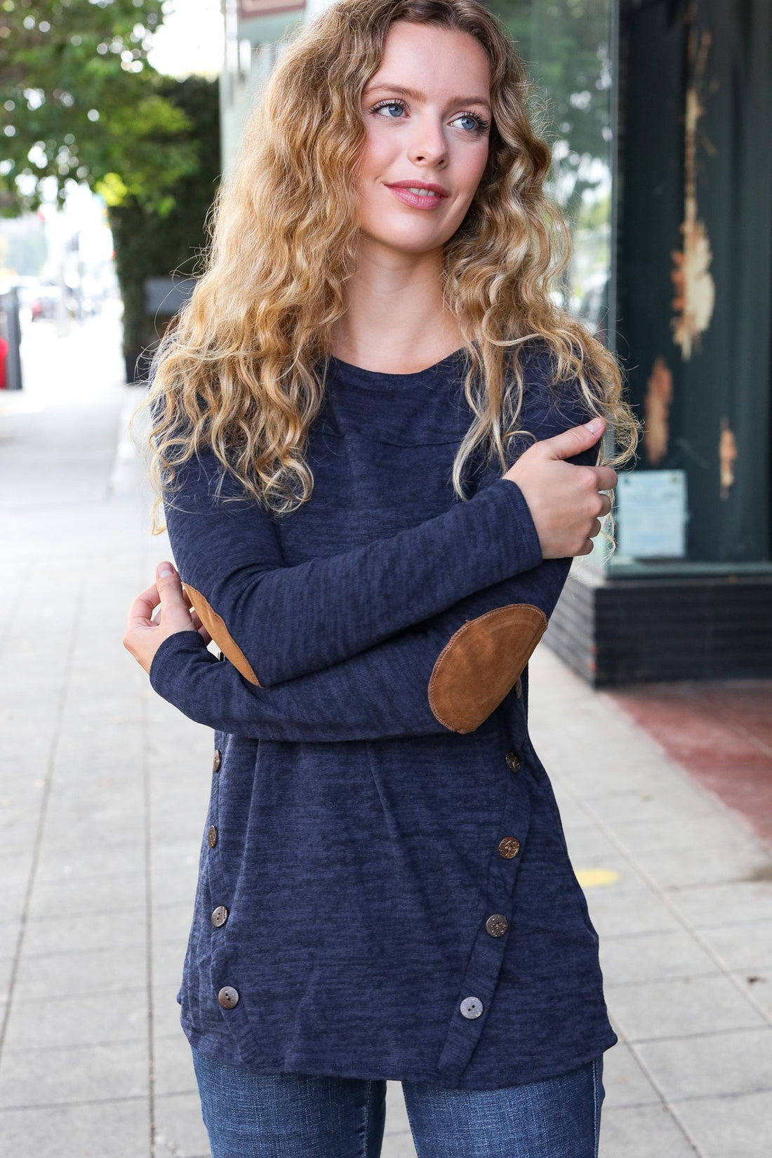 Navy Buttoned Marled Top