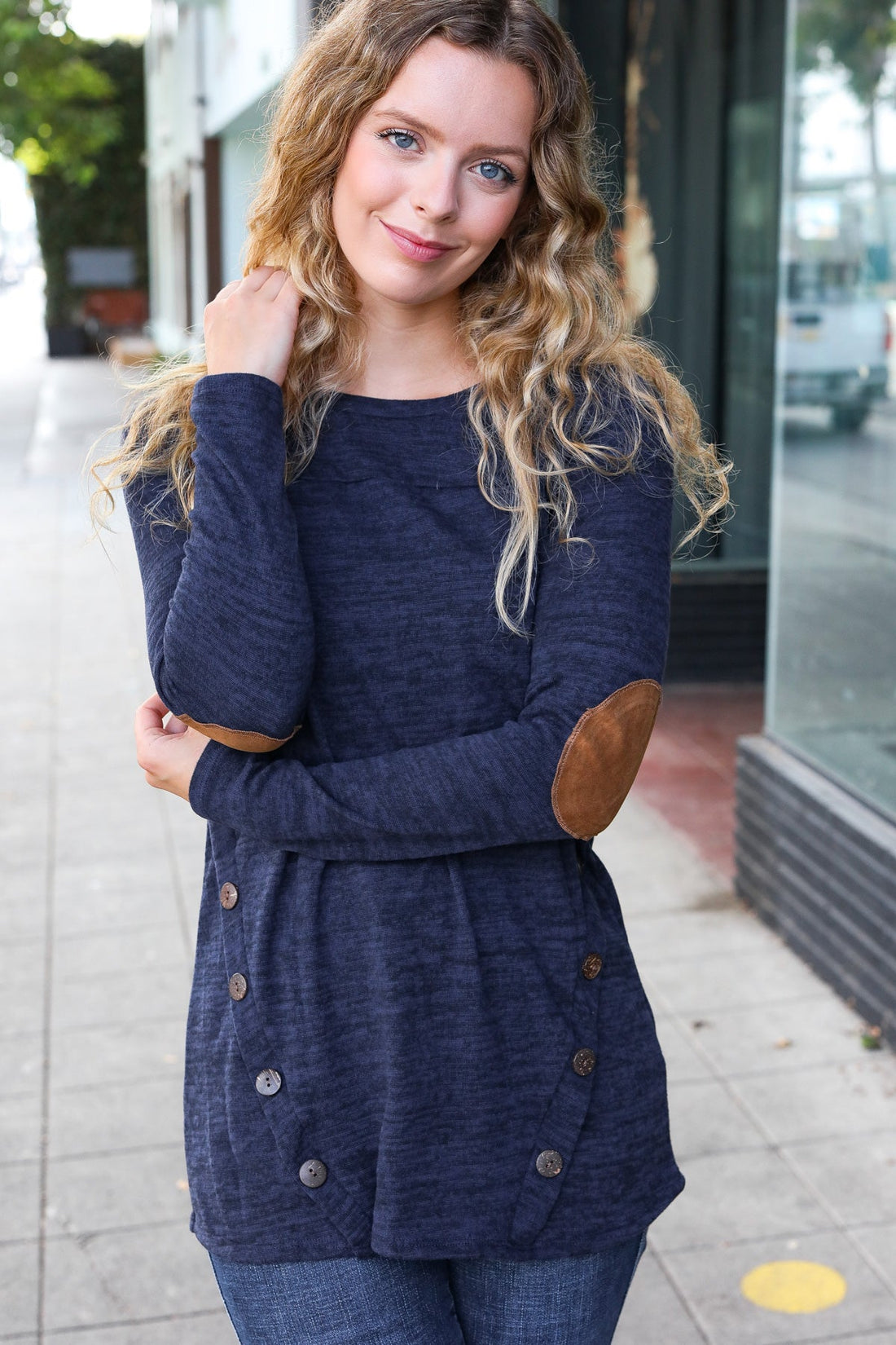 Navy Buttoned Marled Top