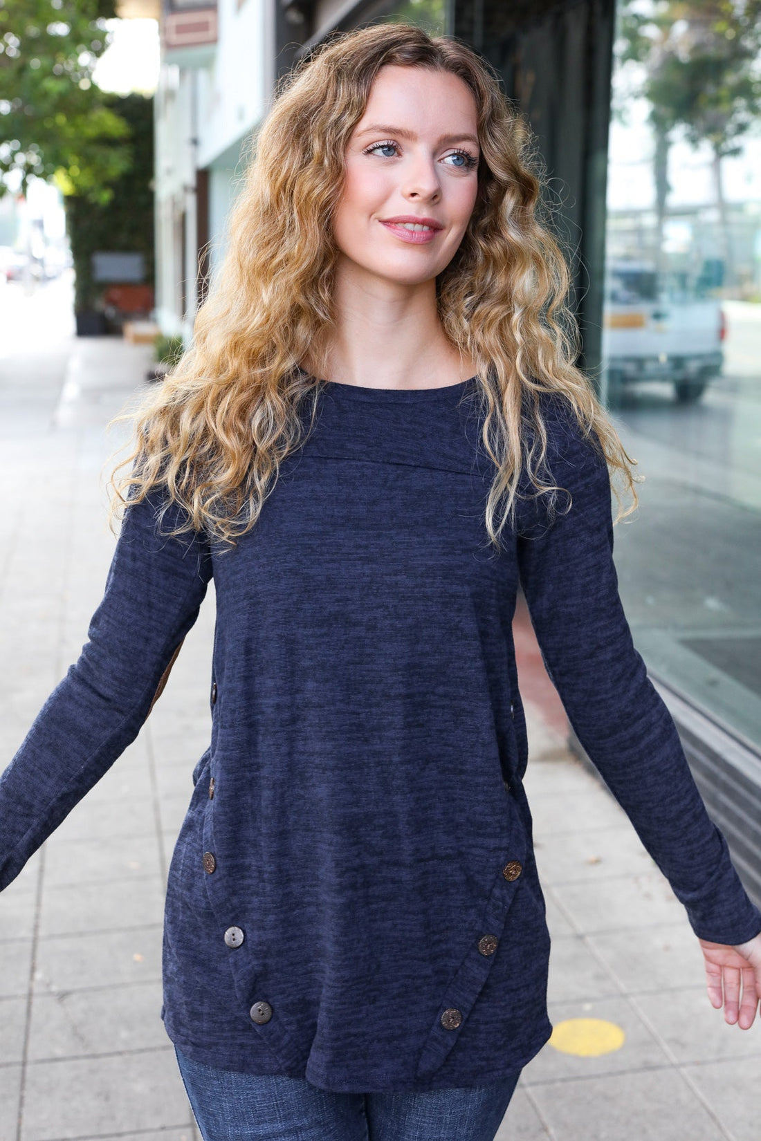 Navy Buttoned Marled Top