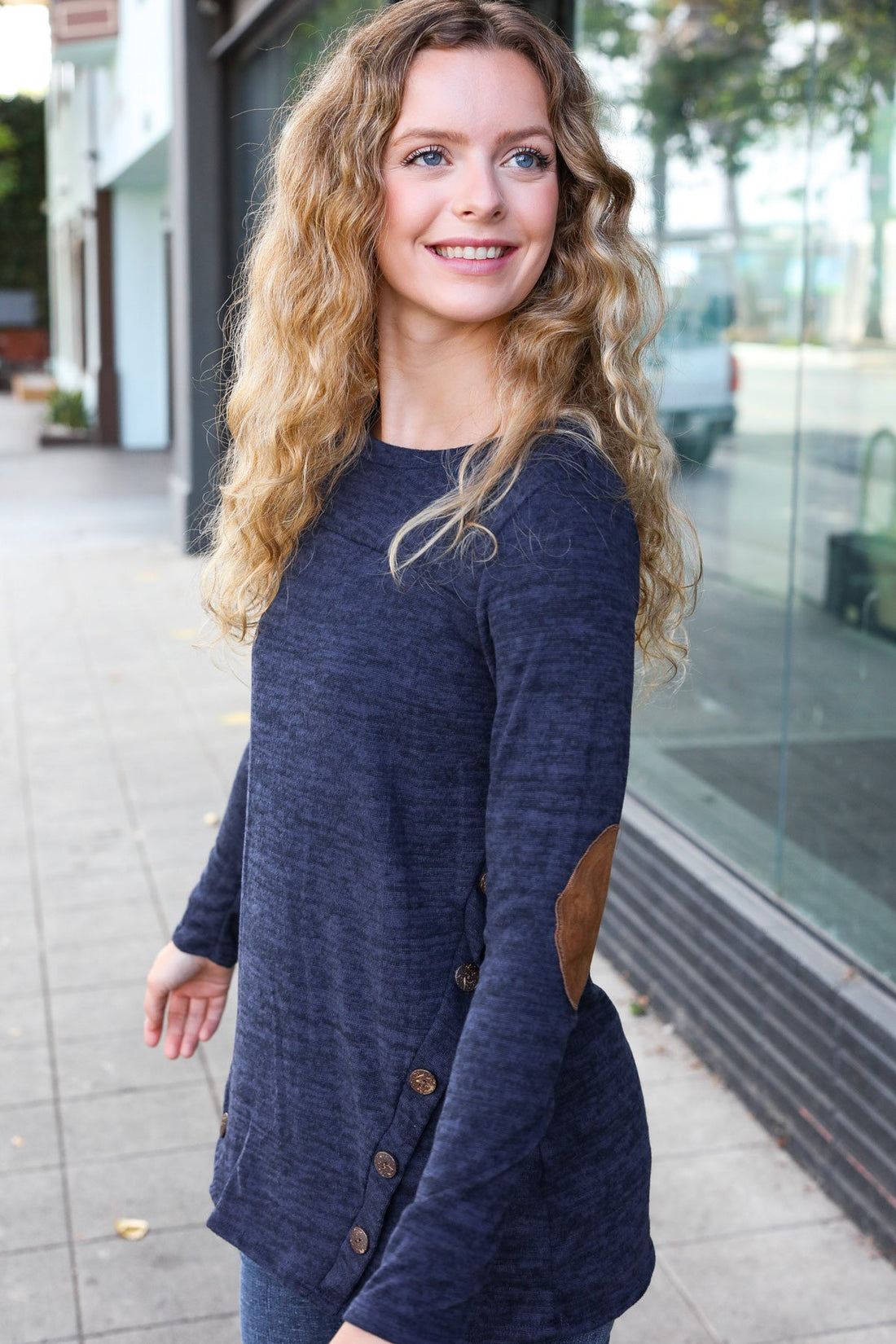 Navy Buttoned Marled Top