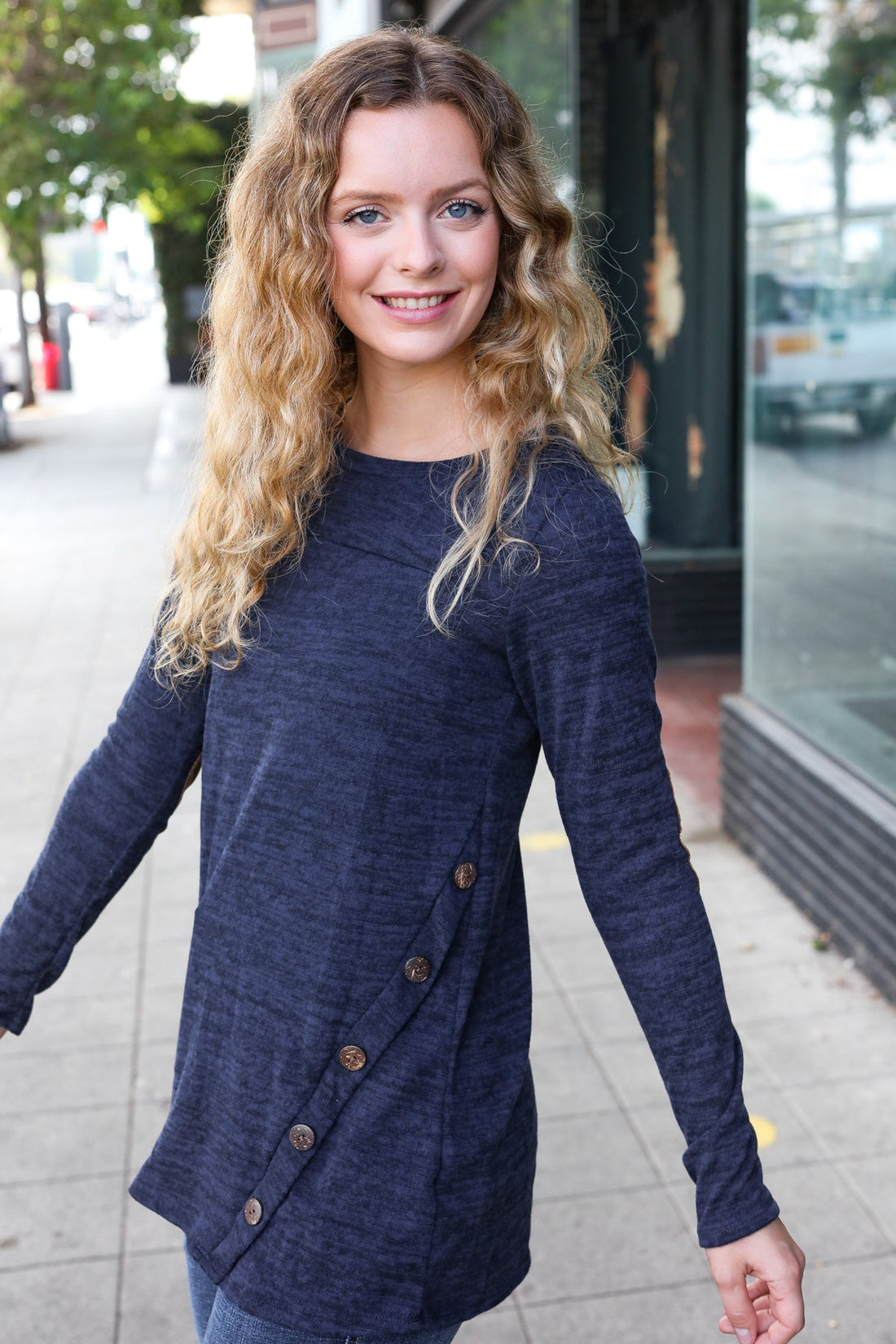 Navy Buttoned Marled Top